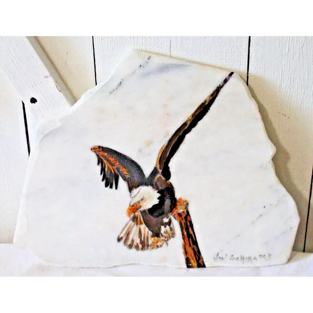 VTG American Eagle Hand Painted Stone Marble Slab Art Signed Table/Wall 12